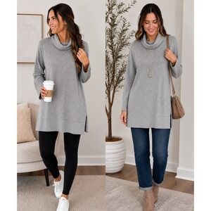 Mod-o-doc Gray Cowl Neck Tunic Top Women's Large Long Sleeve Side Slit Soft Knit